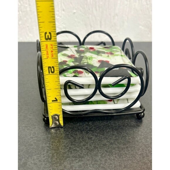 Fused Glass Coasters Red Green Black White Handmade Set of 4 & Holder Art Deco - Picture 4 of 9